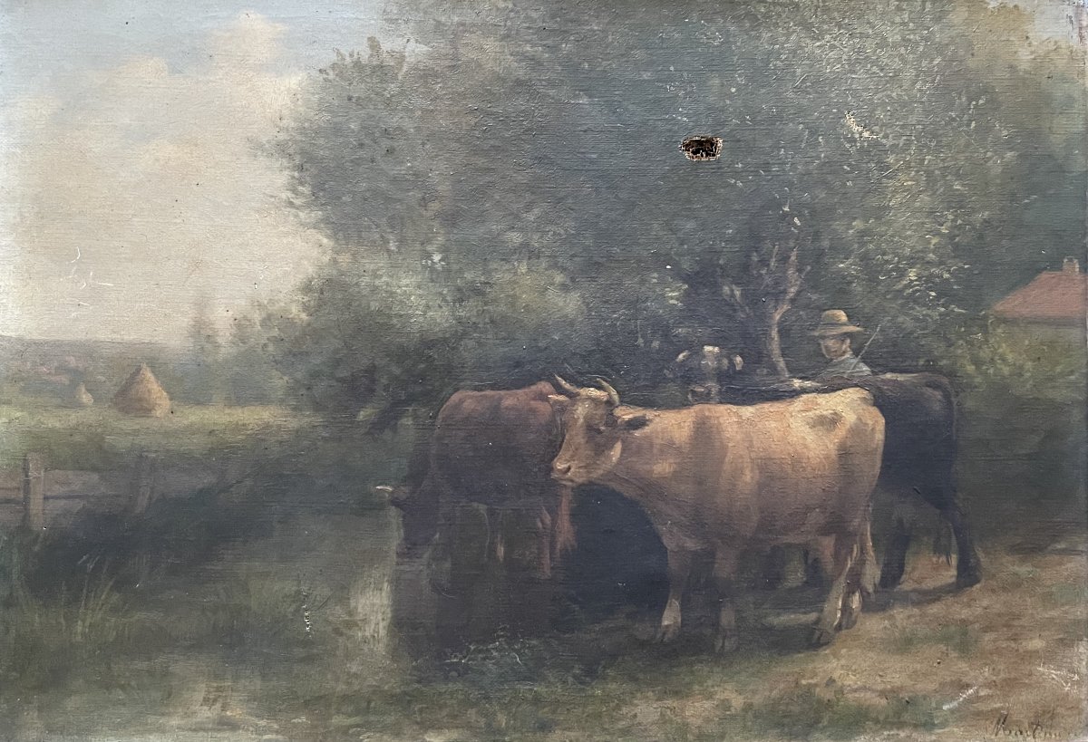 Paysan et ses vaches, huile sur toile, signature à déchiffrer-photo-2