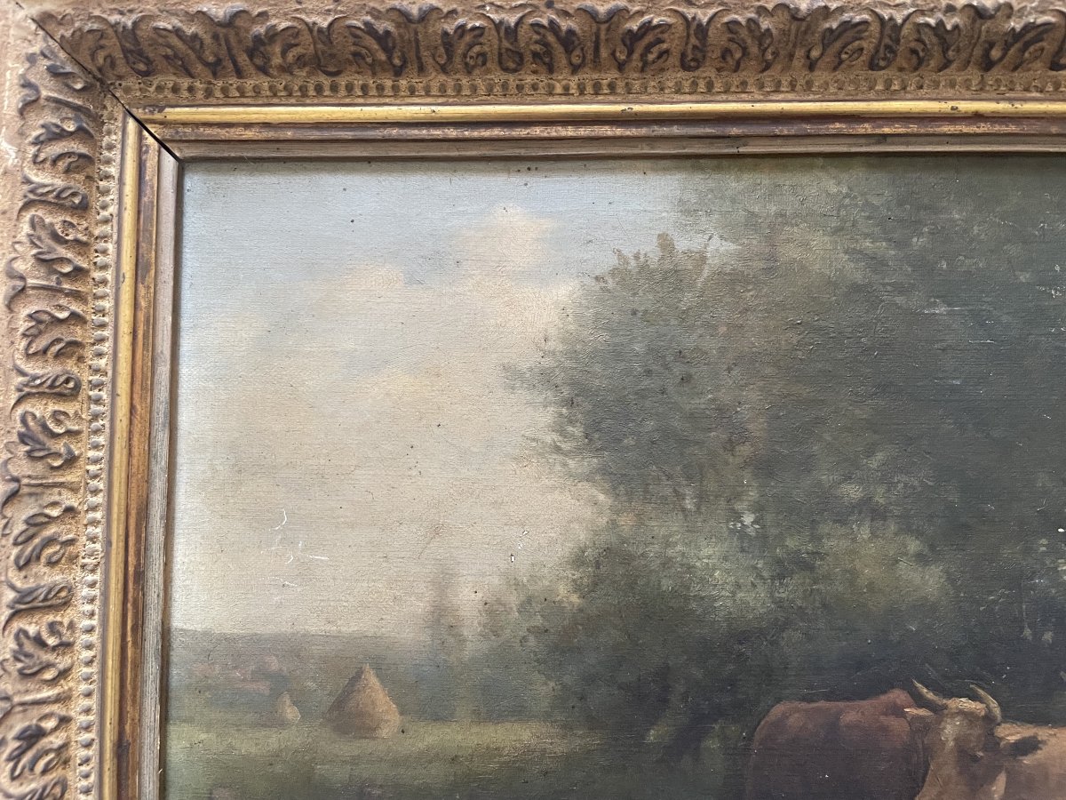 Paysan et ses vaches, huile sur toile, signature à déchiffrer-photo-4