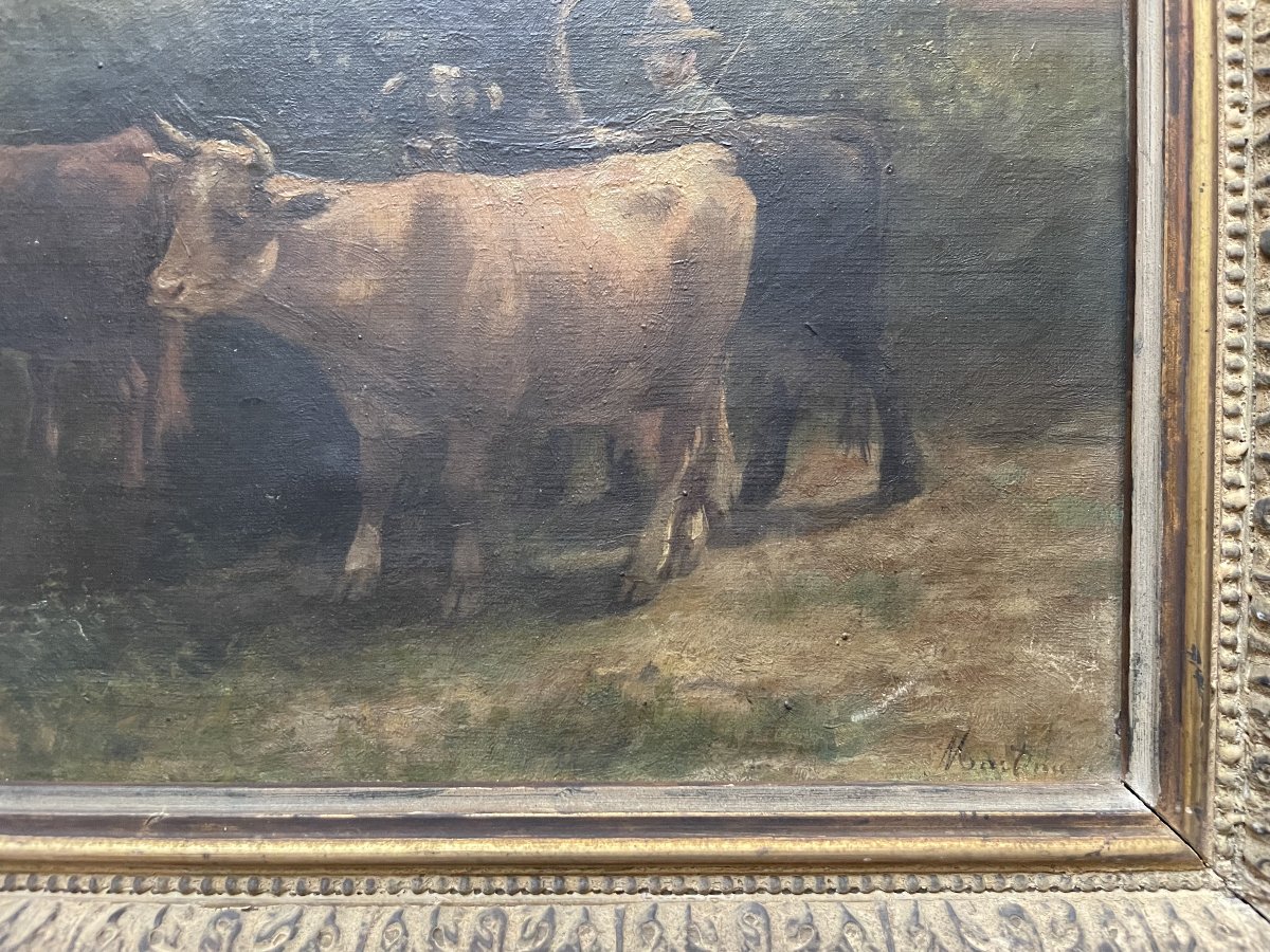 Paysan et ses vaches, huile sur toile, signature à déchiffrer-photo-2