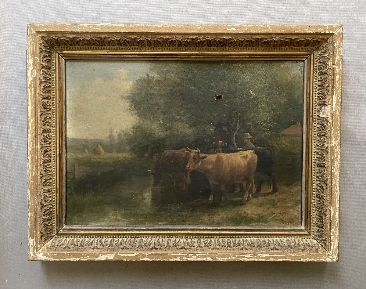 Paysan et ses vaches, huile sur toile, signature à déchiffrer