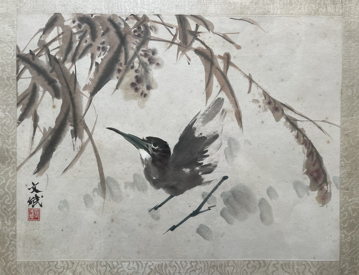 Oiseau en vol, aquarelle chinoise, première moitié du XXe siècle-photo-2