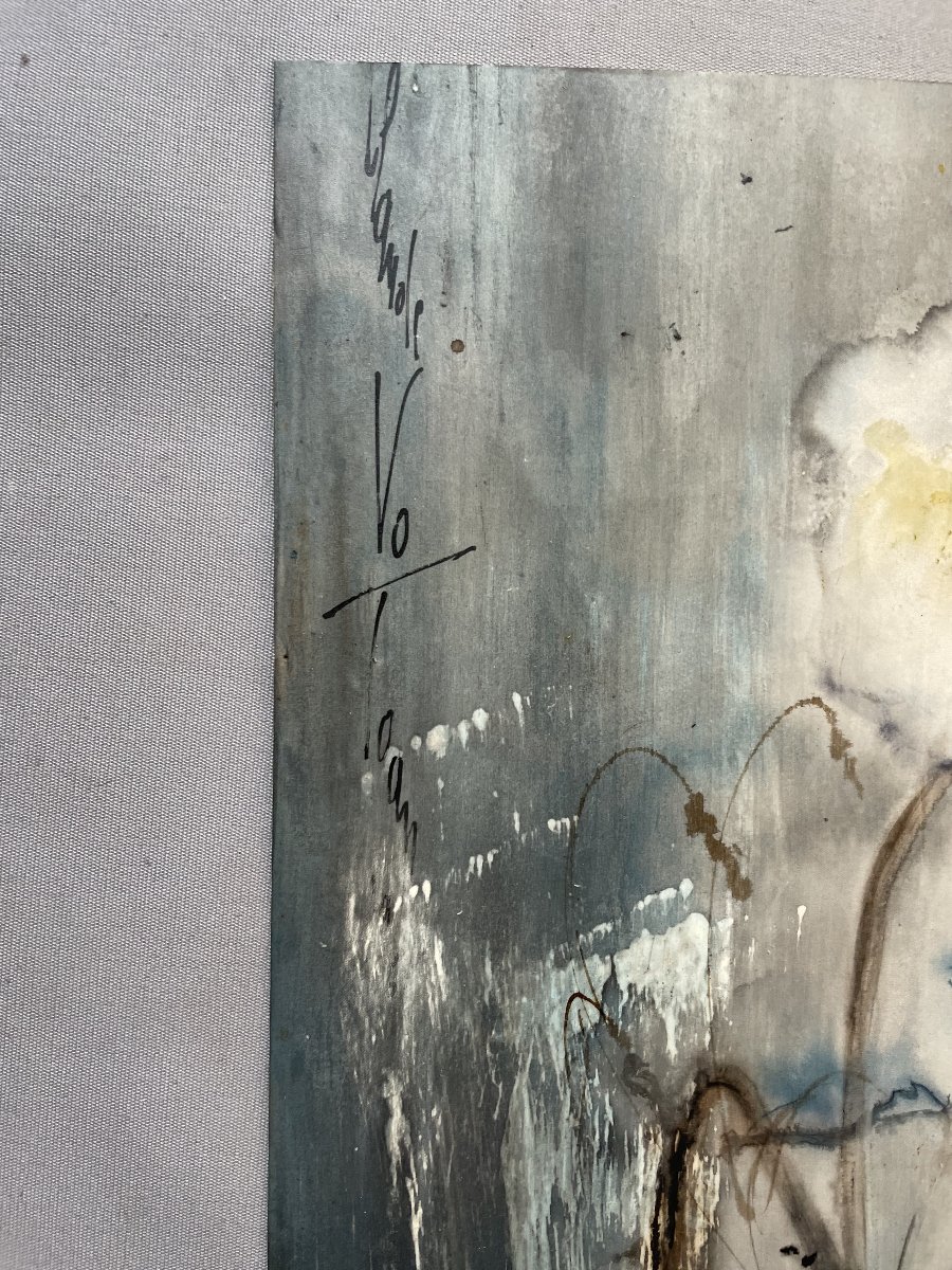 Fleurs dans un vase, aquarelle vietnamienne sur soie, signature à identifier-photo-2