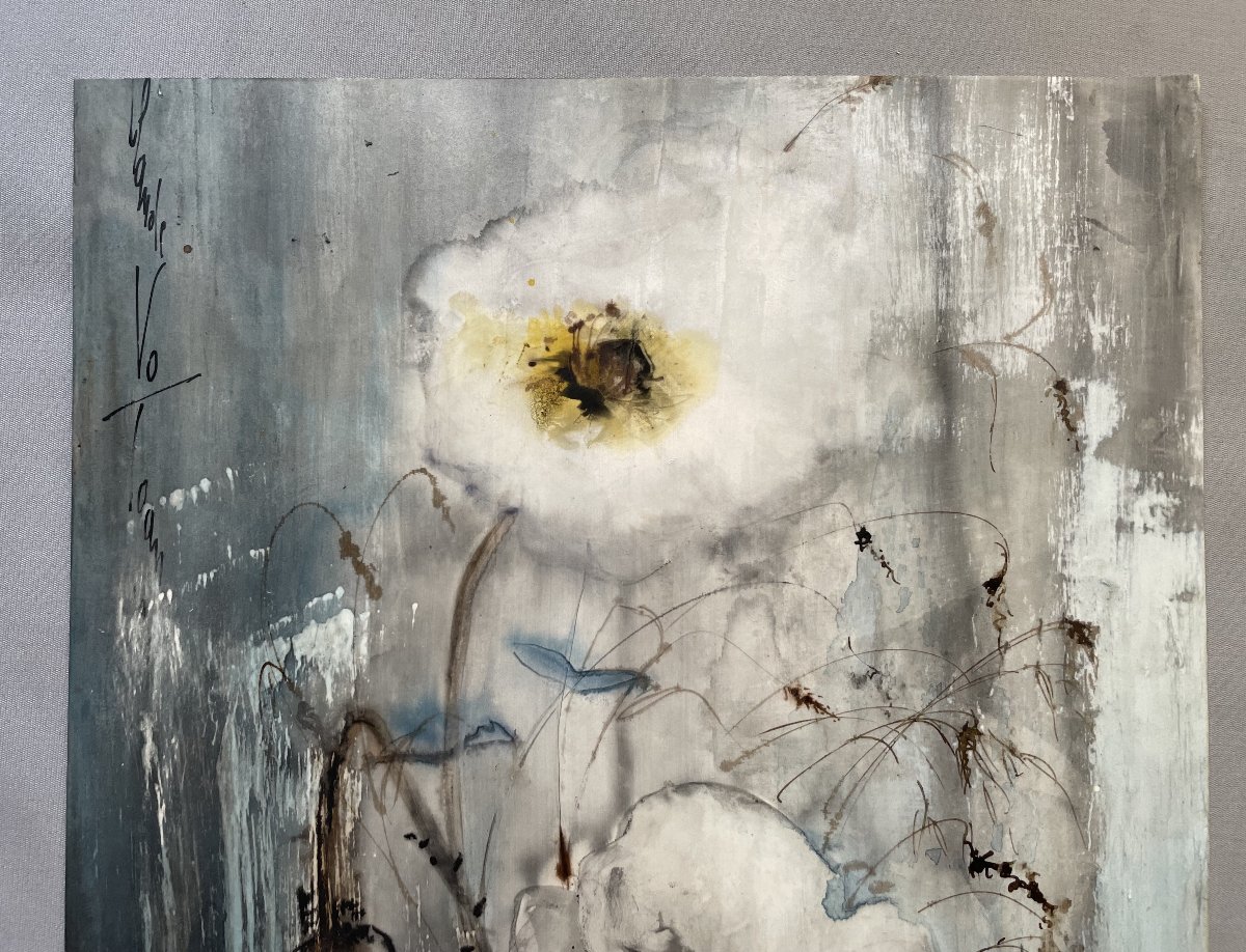 Fleurs dans un vase, aquarelle vietnamienne sur soie, signature à identifier-photo-3