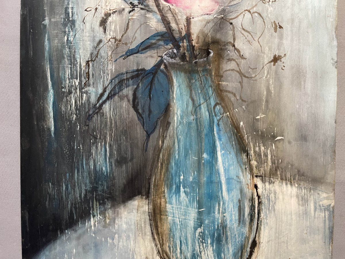 Fleurs dans un vase, aquarelle vietnamienne sur soie, signature à identifier-photo-4