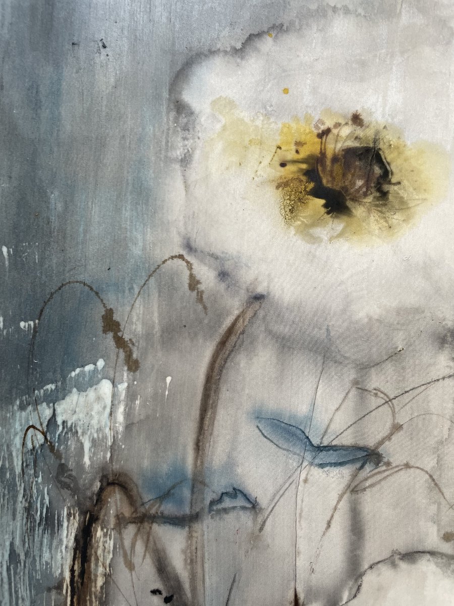 Fleurs dans un vase, aquarelle vietnamienne sur soie, signature à identifier-photo-2