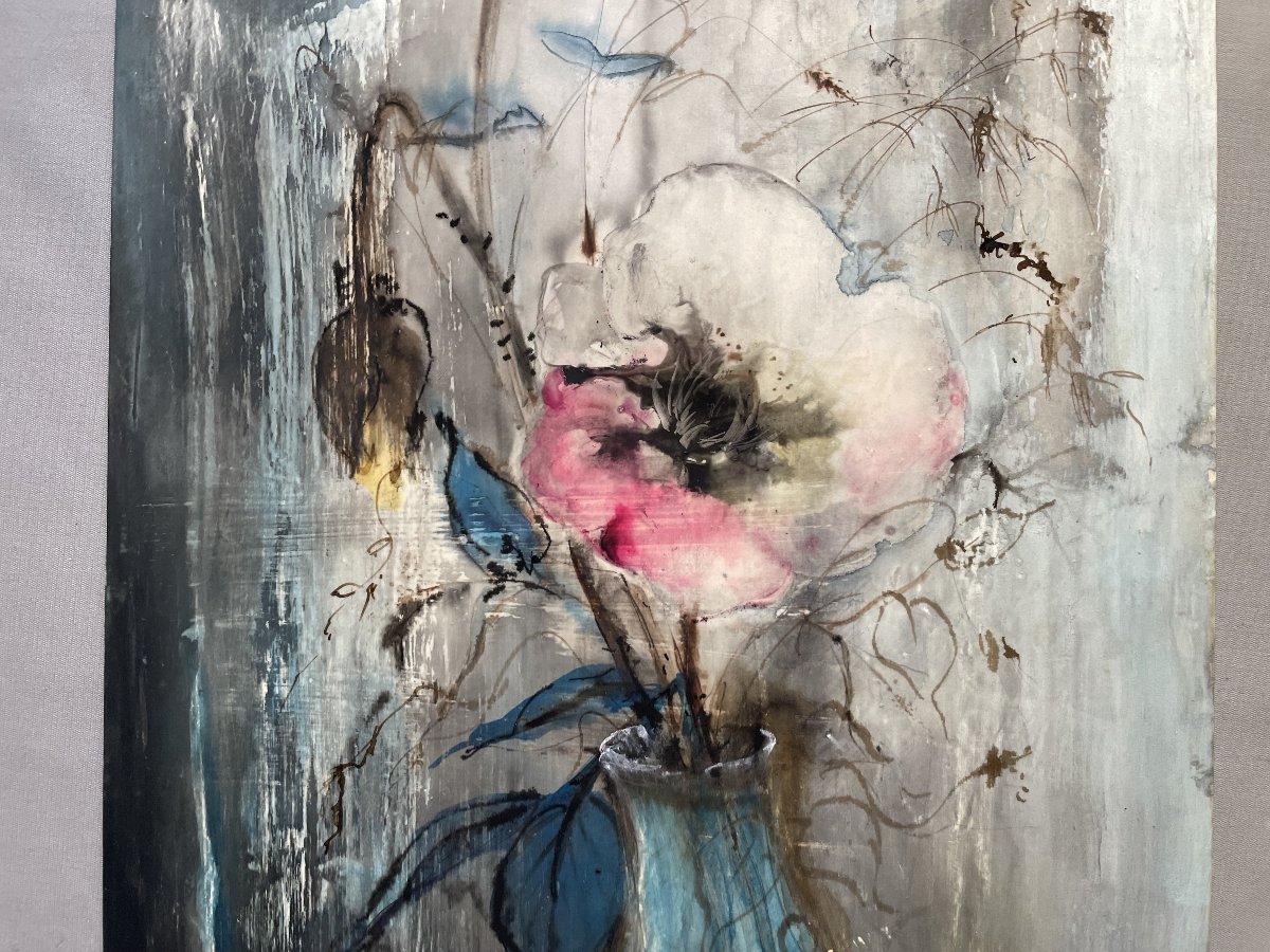 Fleurs dans un vase, aquarelle vietnamienne sur soie, signature à identifier-photo-3