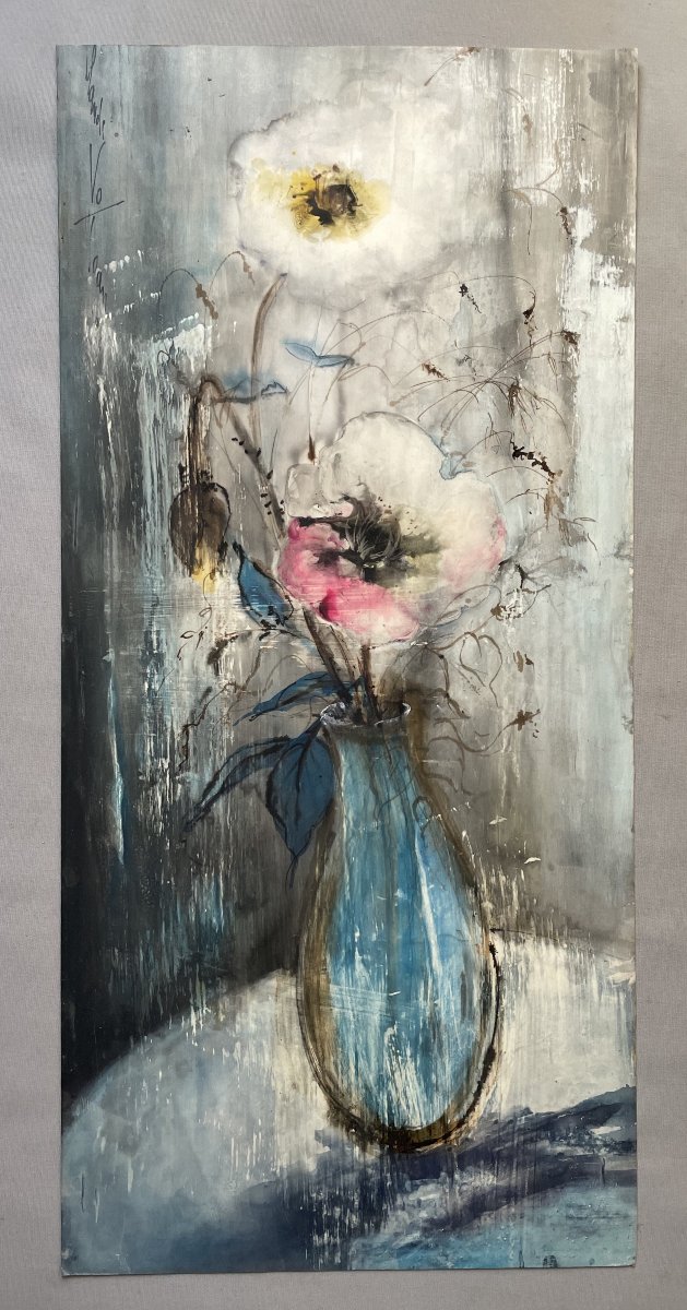 Fleurs dans un vase, aquarelle vietnamienne sur soie, signature à identifier