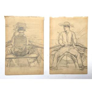 Boaters, Pair Of Late Nineteenth Drawings