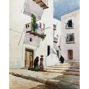 Lively Street In Ibiza, Important Watercolour, Signature To Identify