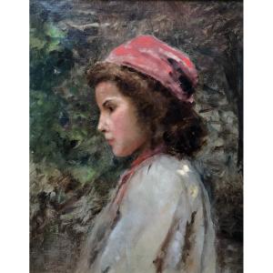 Young Girl In Profile, Oil On Canvas Early Twentieth