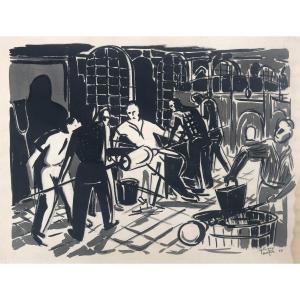 Guy Petitfils, The Glass Workshop, Ink Drawing Dated 57