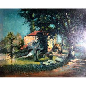 George Charles Aid, Le Moulin, Huile Sur Toile Grand Format