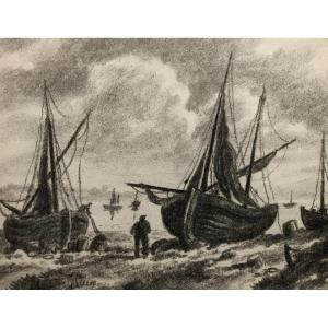 Pêcheurs Et Bateaux à Marée Basse, Dessin Début XXe