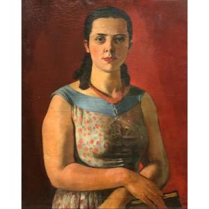 Portrait Of Young Woman On Red Background, Oil On Canvas, Large Format