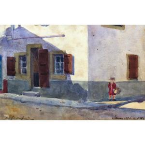 Lively Street In Ciboure, Watercolor Signed And Dated 1920