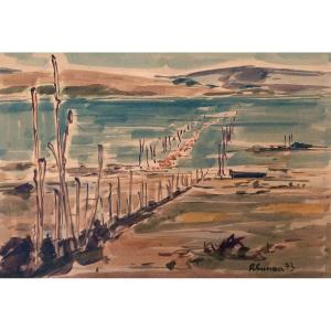 View Of The Bassin d'Arcachon, Watercolor Signed And Dated 73