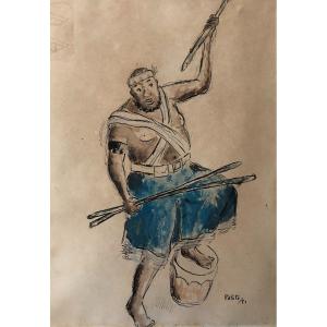 Guerrier Musicien, Aquarelle Exotique Signée Polito 51