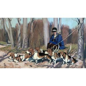 Maurice Taquoy, Huntsman And His Pack, Gouache