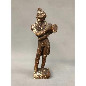 Man With Hat, Patinated Wooden Sculpture In The Taste Of Daumier