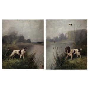 Hunting Dogs, Pair Of Oils On Canvas, Late 19th Century