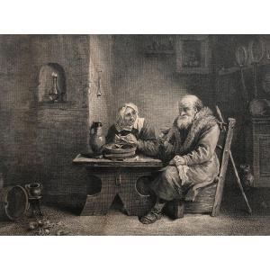 Old Couple In The Kitchen, Engraving By Beauvarlet After Teniers