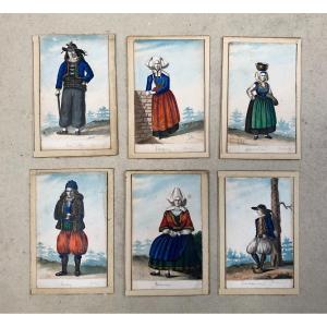 Breton Costumes, 6 Small 19th Century Watercolors