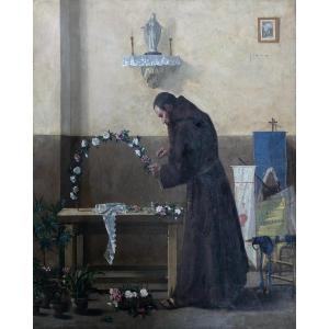 Monk Preparing The Feast Of The Rosary, Oil On Canvas 19th Century