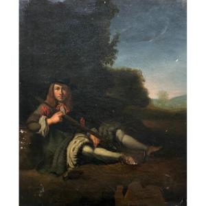 Jeune Chasseur, Huile Sur Toile Début XIXe