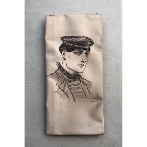 Portrait Of A Sailor, Drawing Early 20th Century, Monogram To Identify