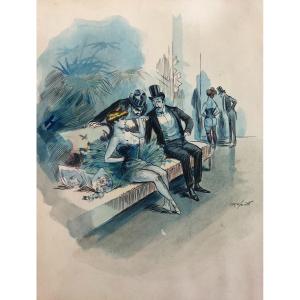 G.-x. Wendt, Courtiers Au Cabaret, Signed Watercolor