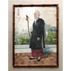 Portrait Of An Asian, Watercolor On Silk Early 20th Century