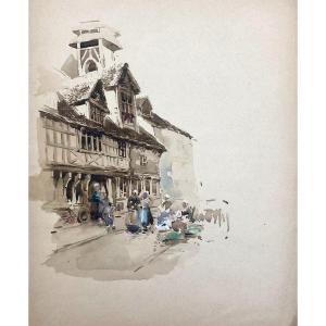 Rue Animée, Bretagne Ou Normandie, Aquarelle XIXe