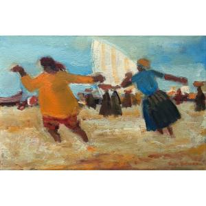 Serge Delaveau, Personnages Sur Une Plage, Huile Sur Toile 