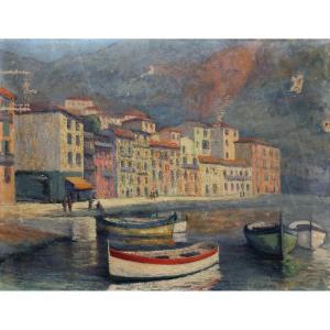Mediterranean Port, Oil On Canvas Early 20th Century To Be Restored