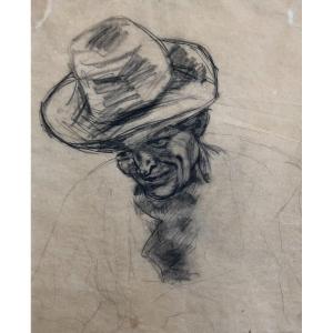 Gaëtan Dumas, Portrait d'Homme Au Chapeau, Craie Noire Sur Calque