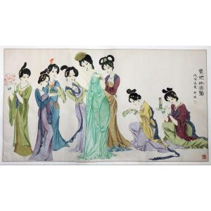 Princess And Her Courtesans, 20th Century Chinese Watercolor, Large Format