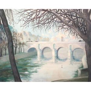 The Pont Marie, Oil On Canvas Signed Pierre Bourdeleau