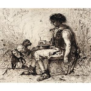 Emile Aubert Lessore, Jeune Garçon Et Singe, Dessin à l'Encre