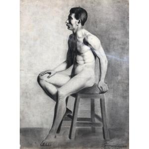 Academy, Male Nude, 19th Century Drawing