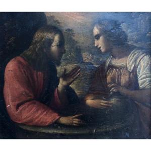 Jésus Et La Samaritaine, Huile Sur Ardoise, Ecole Italienne XVIIe