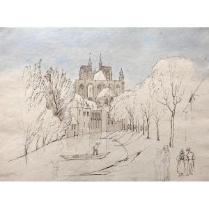 Notre Dame Church In Abbeville From The Pont d'Amour, Brown Ink And Watercolor