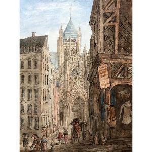 Facade Of The Saint Maclou Church Of Rouen, Watercolor, 19th Century