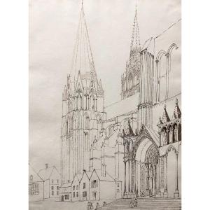 Chartres Cathedral, Brown Ink Drawing 