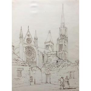 The Basilica Of Saint Denis, Drawing In Brown Ink