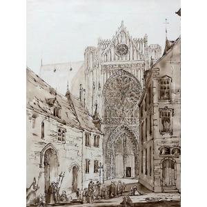 Sens Cathedral, Brown Ink Wash, 19th Century