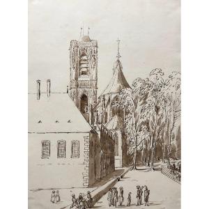 Nevers Cathedral, Brown Ink Drawing