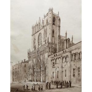 The Facade Of Lyon Cathedral, Brown Ink Wash