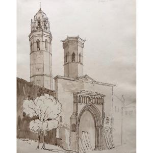 The Church Of Old Saint Vincent In Mâcon, Brown Ink Wash