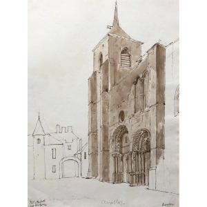 The Collegiate Church Of Avallon, Brown Ink Wash