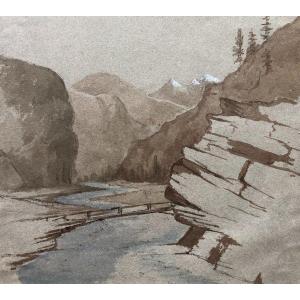 Valley Of Saint Jean De Maurienne, Brown Ink Wash And Watercolor, 19th Century